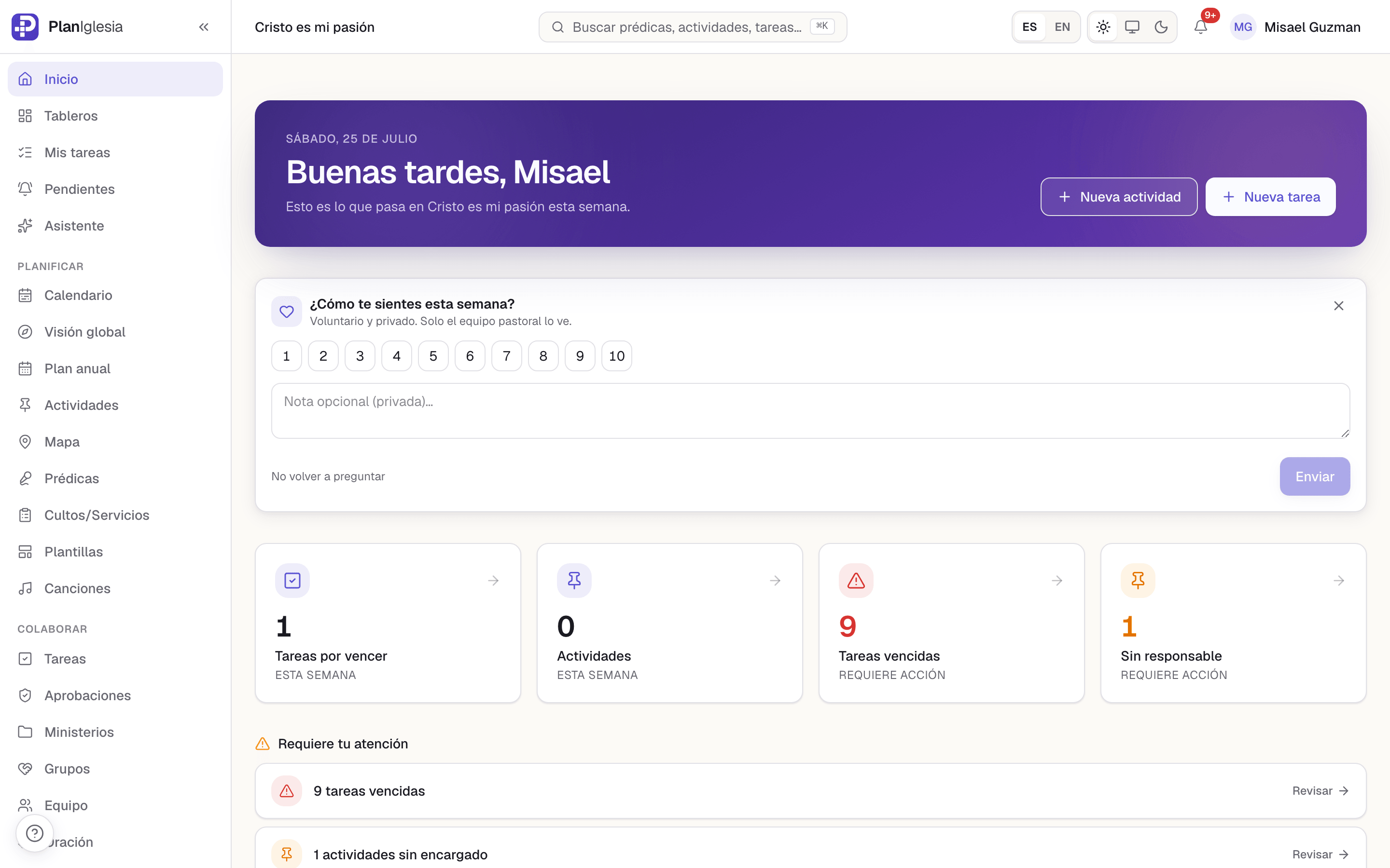 Panel principal de PlanIglesia con el resumen de planificación de la iglesia